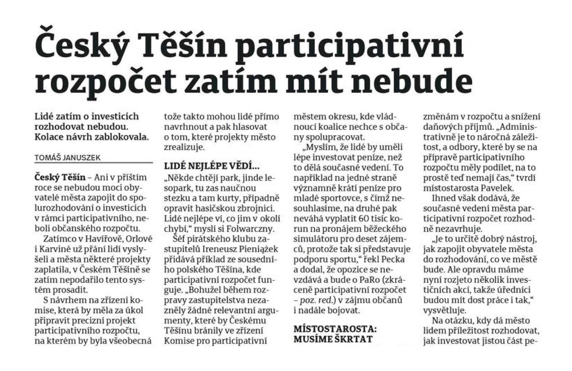 Právě si prohlížíte Napsali o nás: Český Těšín  participativní rozpočet zatím mít nebude